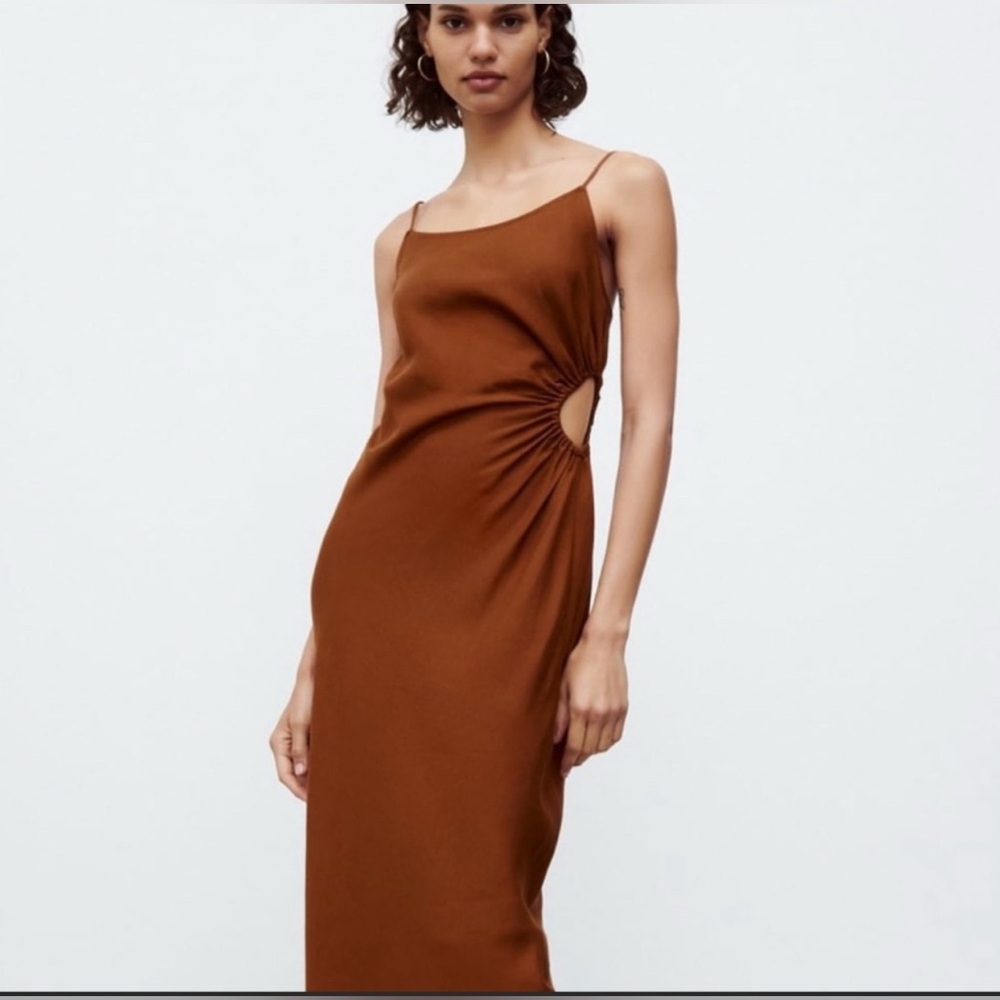 Zara Linen Blend Cut Out Brown midi Dress Spaghetti Strap in Size Medium #linen